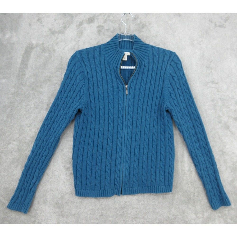 LL Bean Sweater Womens Size S Cable Knit Full Zip Fisherman Chunky Knit Cotton